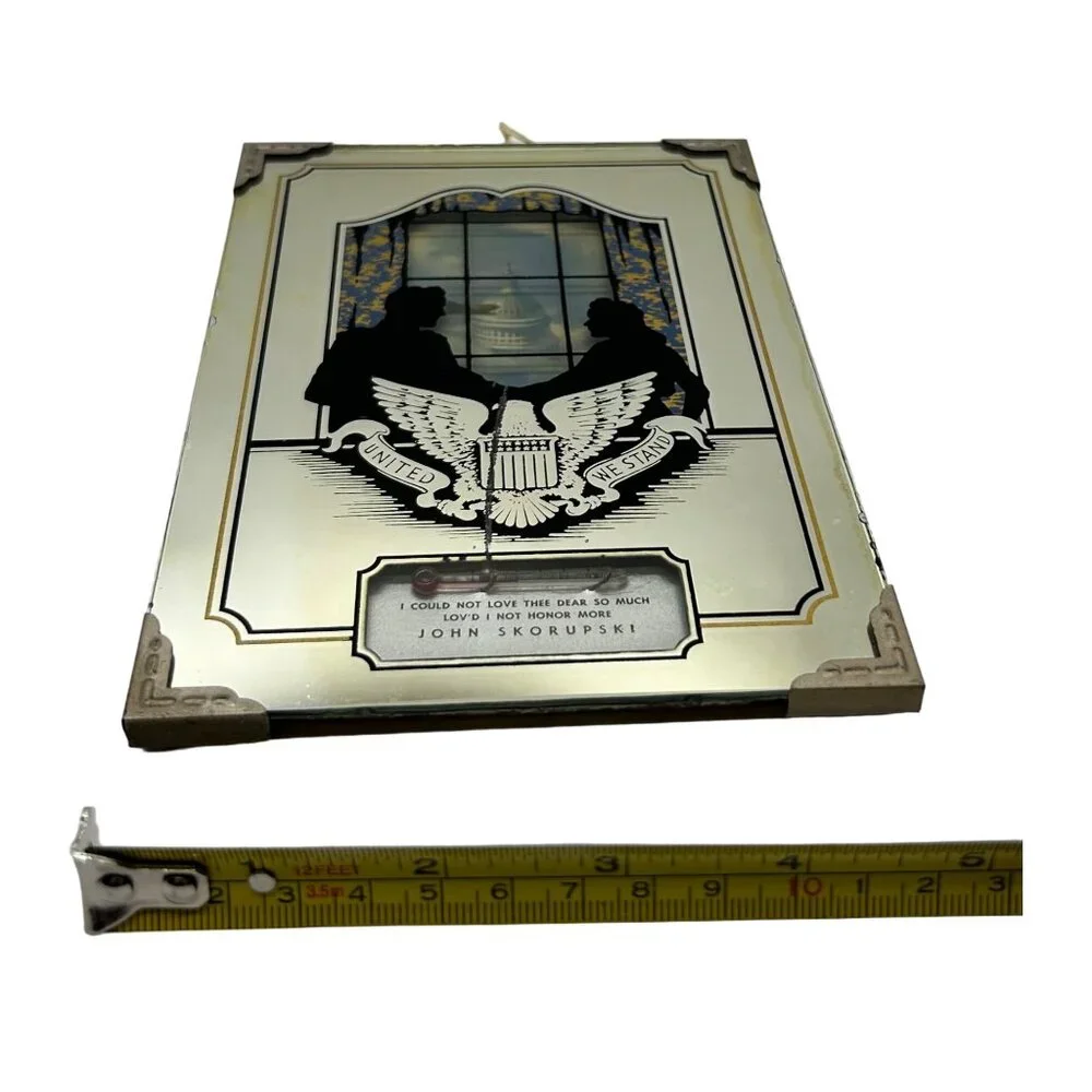 Vintage Silhouette Reverse Painting Couple White House Eagle Thermometer 4 3/4